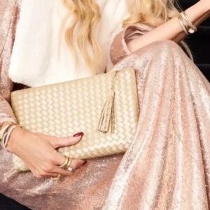 Virginia Wolf NWT Golden Woven Clutch Bag Tassel Faux Leather Gold
